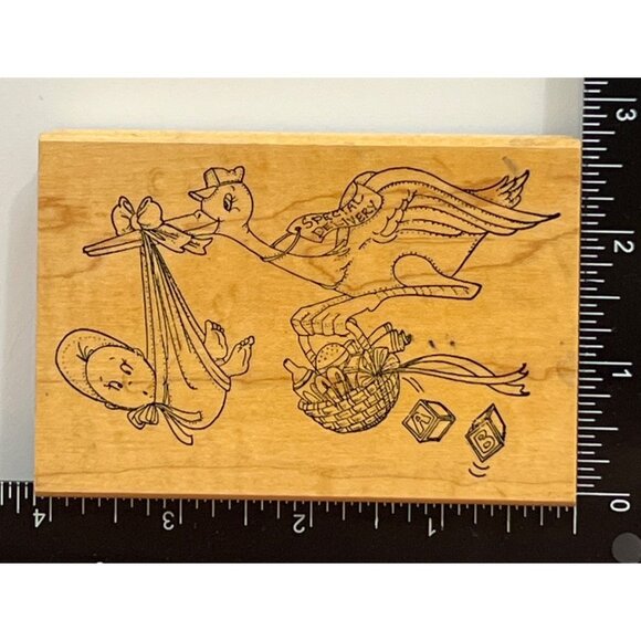 1996 ART IMPRESSIONS P-1232 STORK AND BABY WOOD MOUNTED RUBBER STAMP DELIVERY - Picture 2 of 4